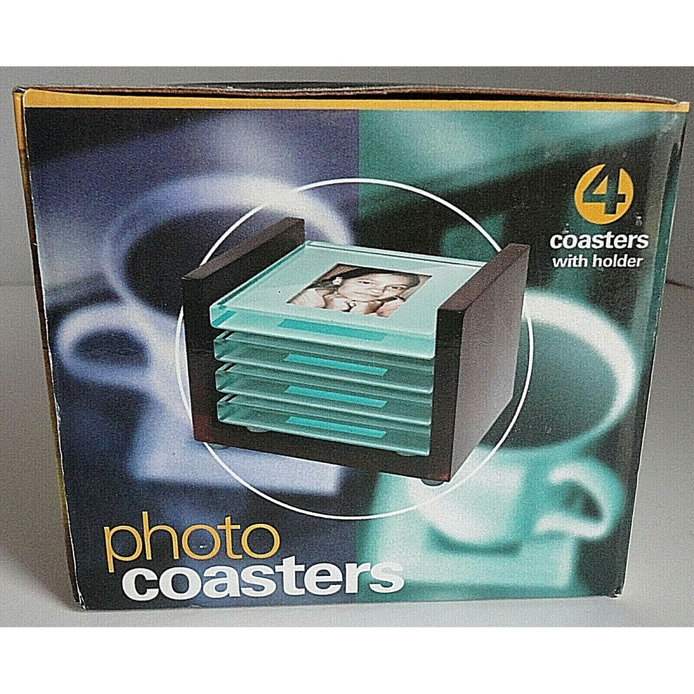 Photo Coasters 4 Beveled Glass Metal Wood Storage Holder Rack Cherished Accent